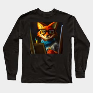 Artistic Fox Wearing Thick Frame Glasses Oil Painting Long Sleeve T-Shirt